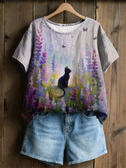 Damen-Plants-and-Flowers-niedliches-Katzen-Print-Casual-T-Shirt