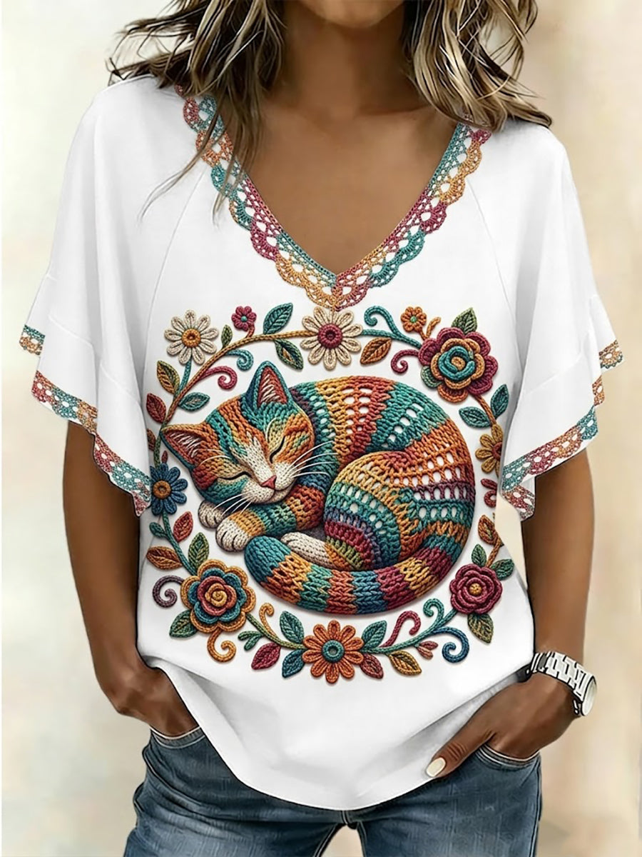 Damen-T-Shirt mit Katzenmotiv und kurzen Ärmeln