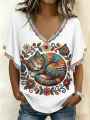 Damen-T-Shirt mit Katzenmotiv und kurzen Ärmeln