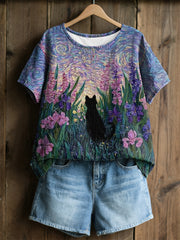 Damen-Plants-and-Flowers-niedliches-Katzen-Print-Casual-T-Shirt