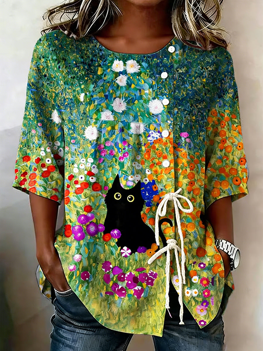 Damen-Top aus Baumwolle mit Katzen- und Blumenmuster und Schnürung