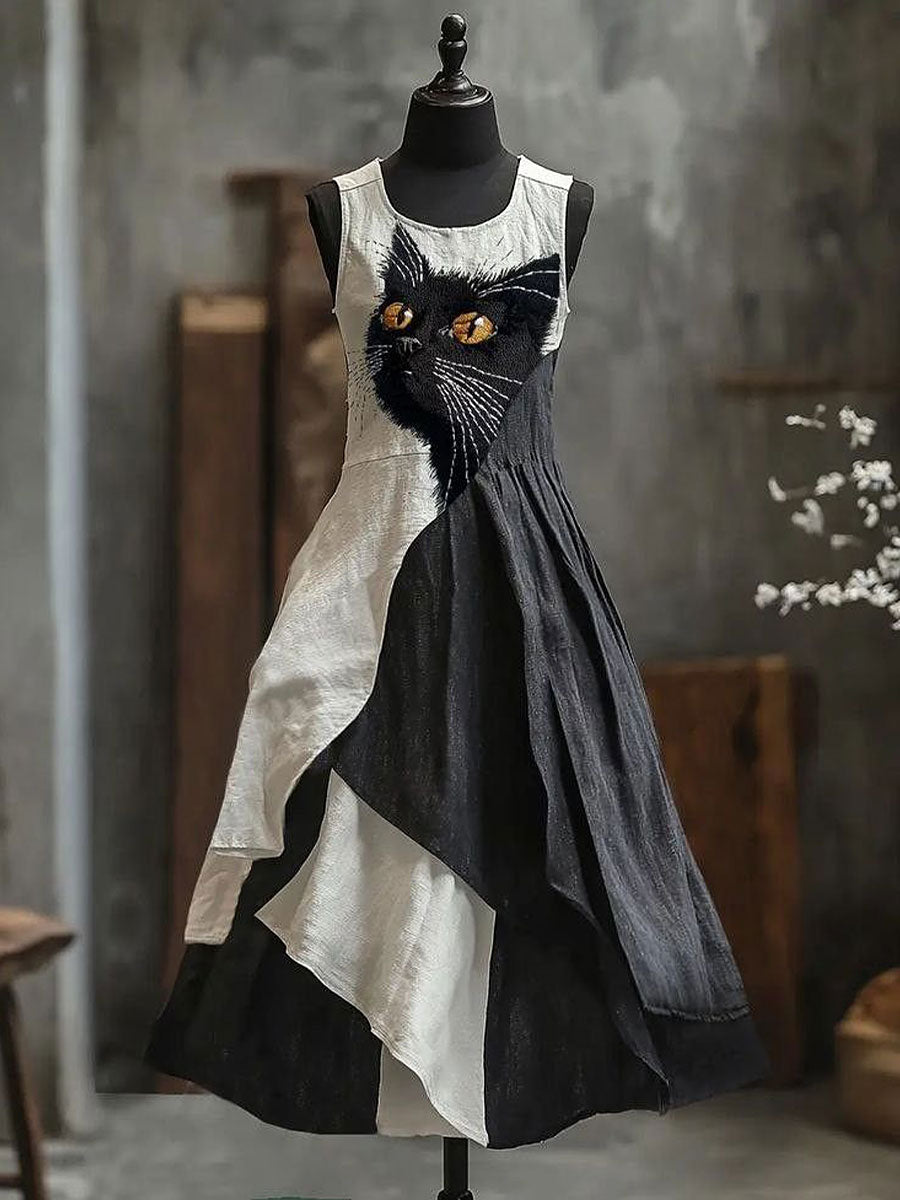 Frauen schwarze Katze Druck Farbe Block Kleid
