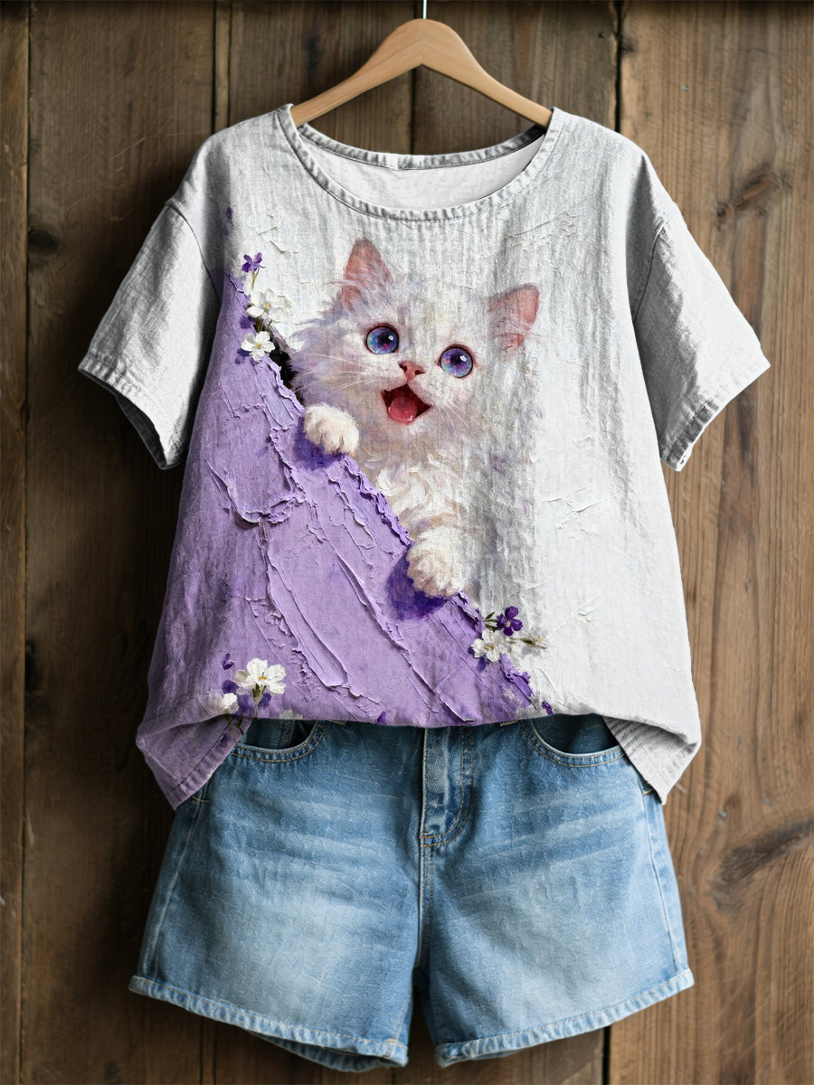Damen-Plants-and-Flowers-niedliches-Katzen-Print-Casual-T-Shirt