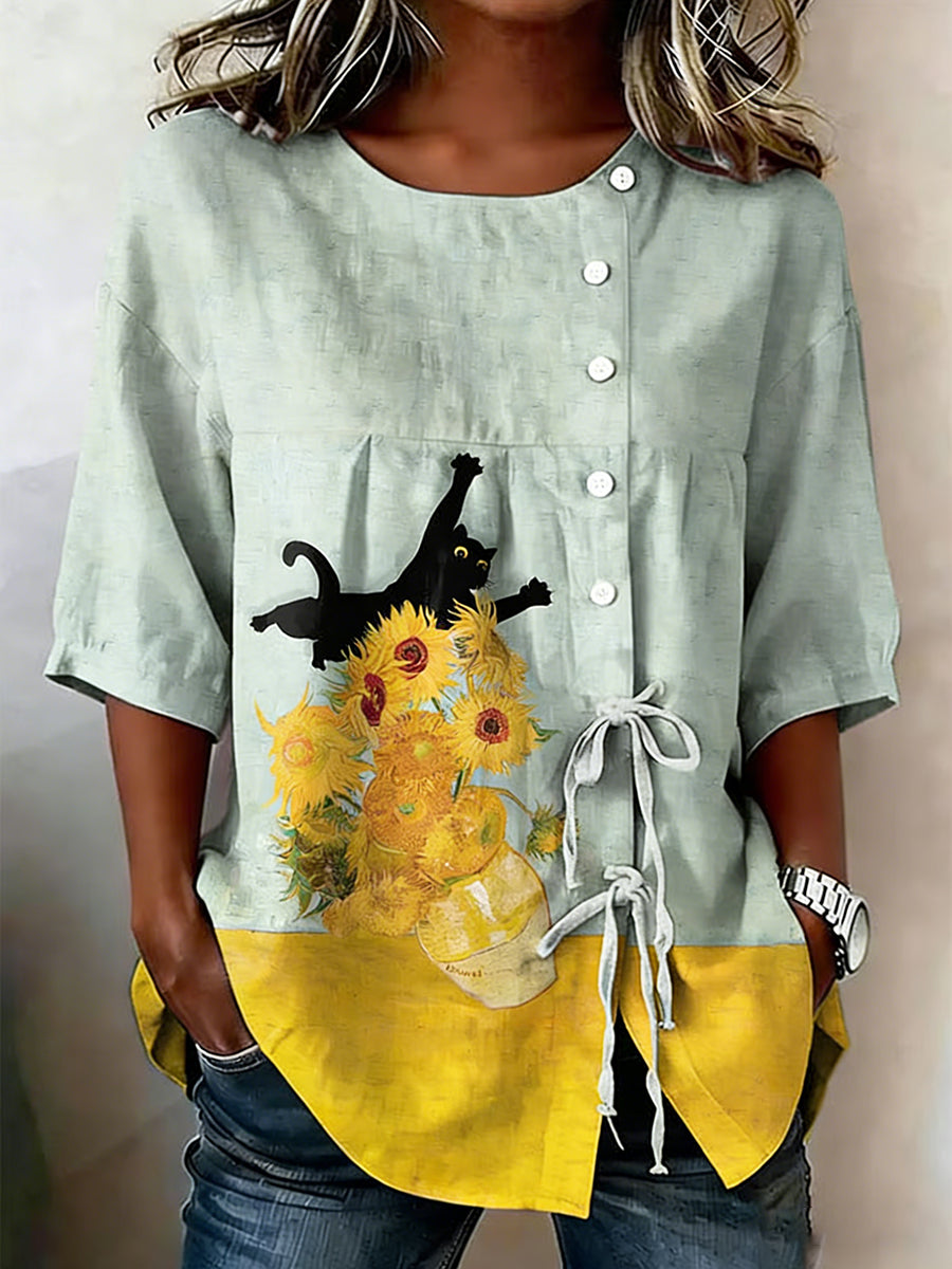 Damen-Top aus Baumwolle mit Katzen- und Blumenmuster und Schnürung