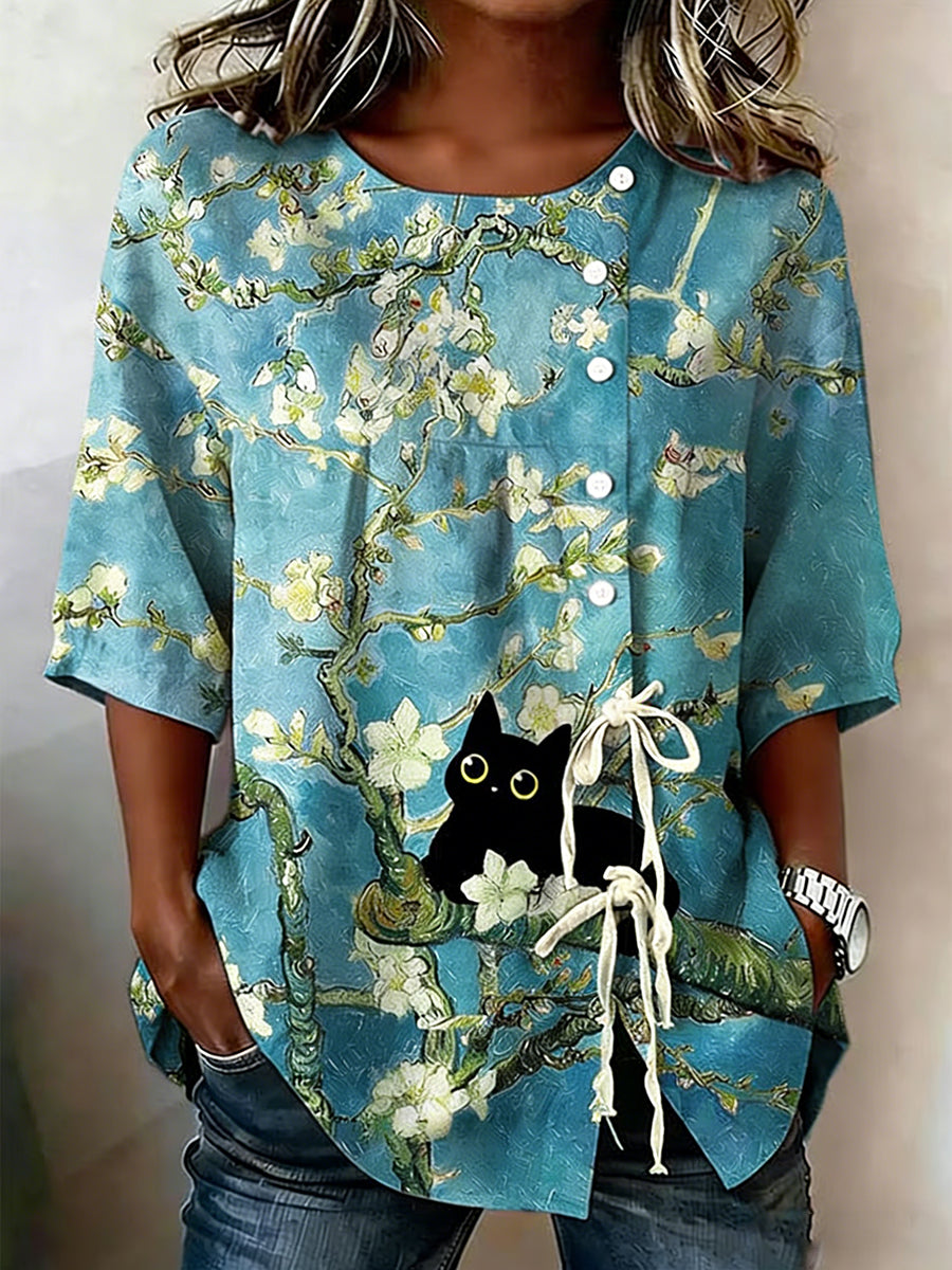 Damen-Top aus Baumwolle mit Katzen- und Blumenmuster und Schnürung