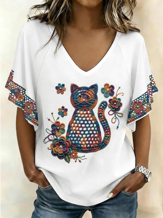Damen-T-Shirt mit Katzenmotiv und kurzen Ärmeln