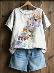 Damen-Plants-and-Flowers-niedliches-Katzen-Print-Casual-T-Shirt