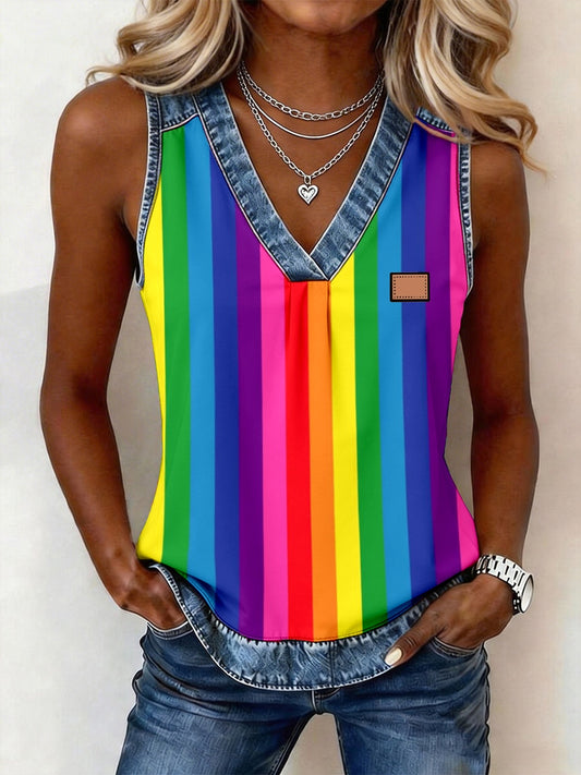Frauen Regenbogen farbig gestreiftes Print Denim Patchwork Top