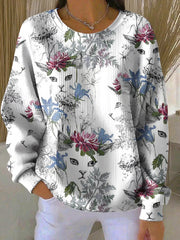 Damen-Rundhals-Sweatshirt mit Blumen-Katzen druck