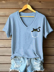 Niedliche Katze bedrucktes Kurzarm-T-Shirt für Frauen
