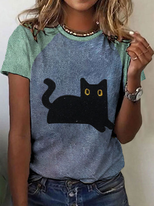 Schwarze Katzen-T-Shirts für Frauen mit Farb blockierung