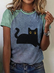 Schwarze Katzen-T-Shirts für Frauen mit Farb blockierung