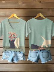 Damen-Katzenkunstdruck-Lässiges T-Shirt