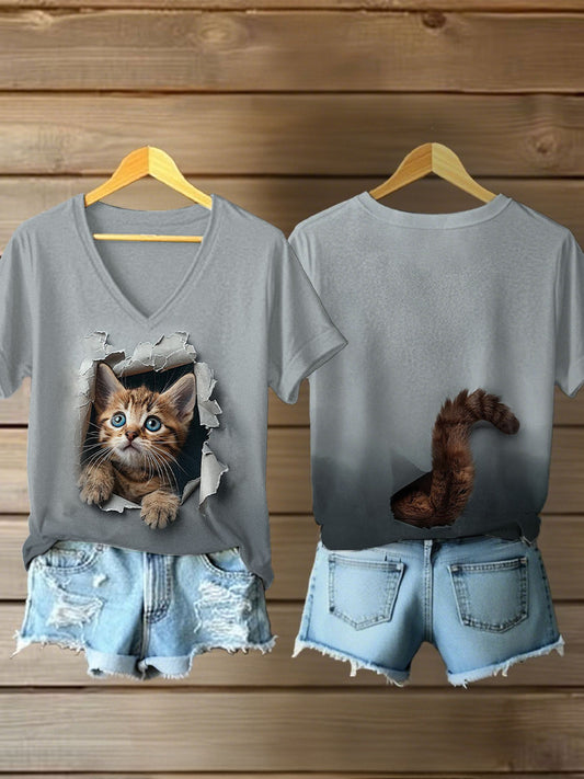 Frauen lustige Katze Print Casual T-Shirt
