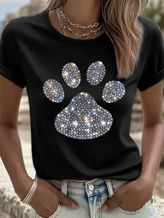 Frauen glänzendes Strass-Pfoten muster T-Shirt