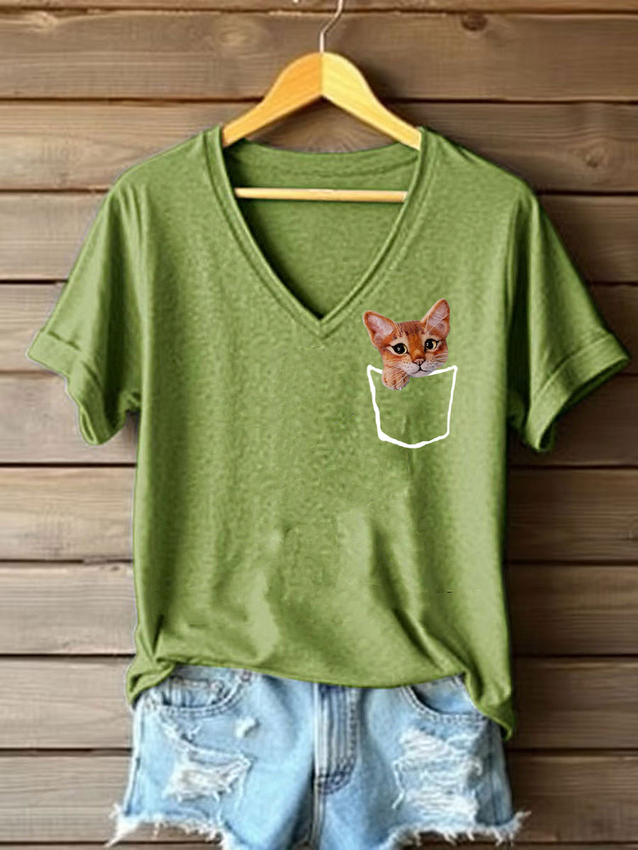 Damen süßes Katzen-Print Kurzarm-T-Shirt