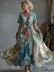 Damen-Vintage-Maxikleid aus Baumwolle und Leinen mit gestickten Blüten in Verlauf-Optik