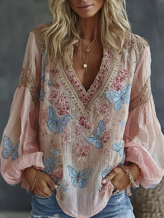 Damen Vintage Blumen- und Schmetterlingsbestickte Kunstprint Fließende Leinenmischung Lässige Tops