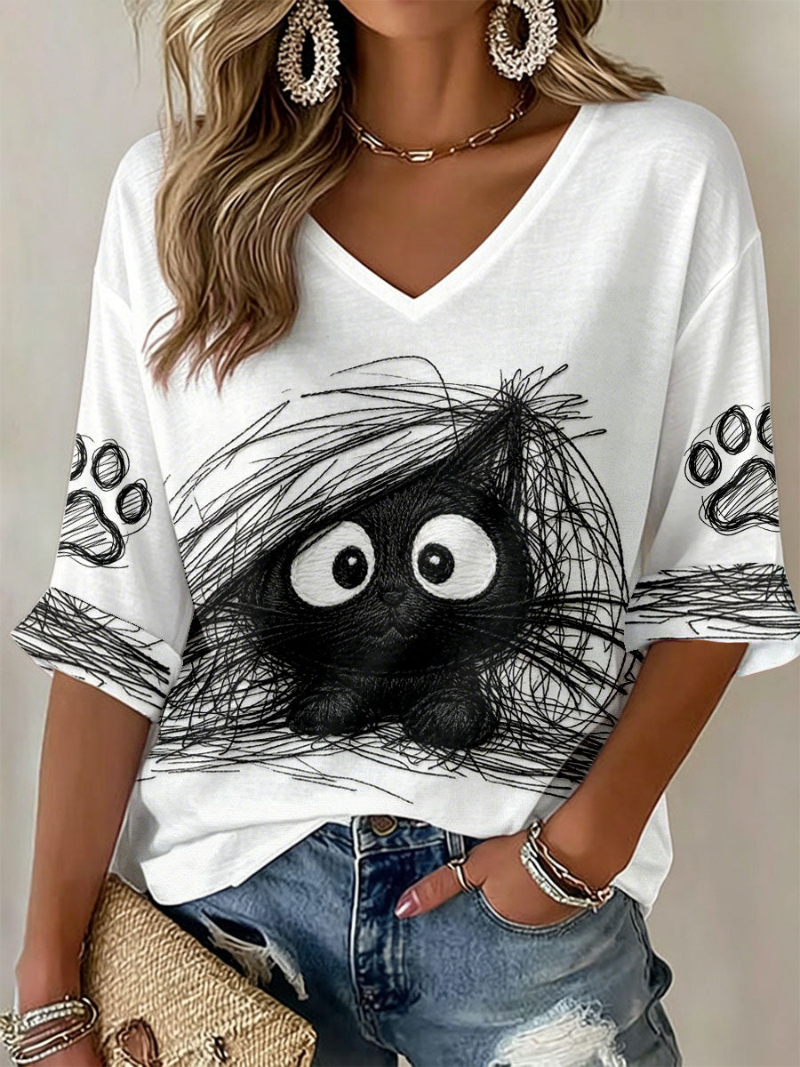 Damen Katzenkunst-Druck T-Shirts mit V-Ausschnitt