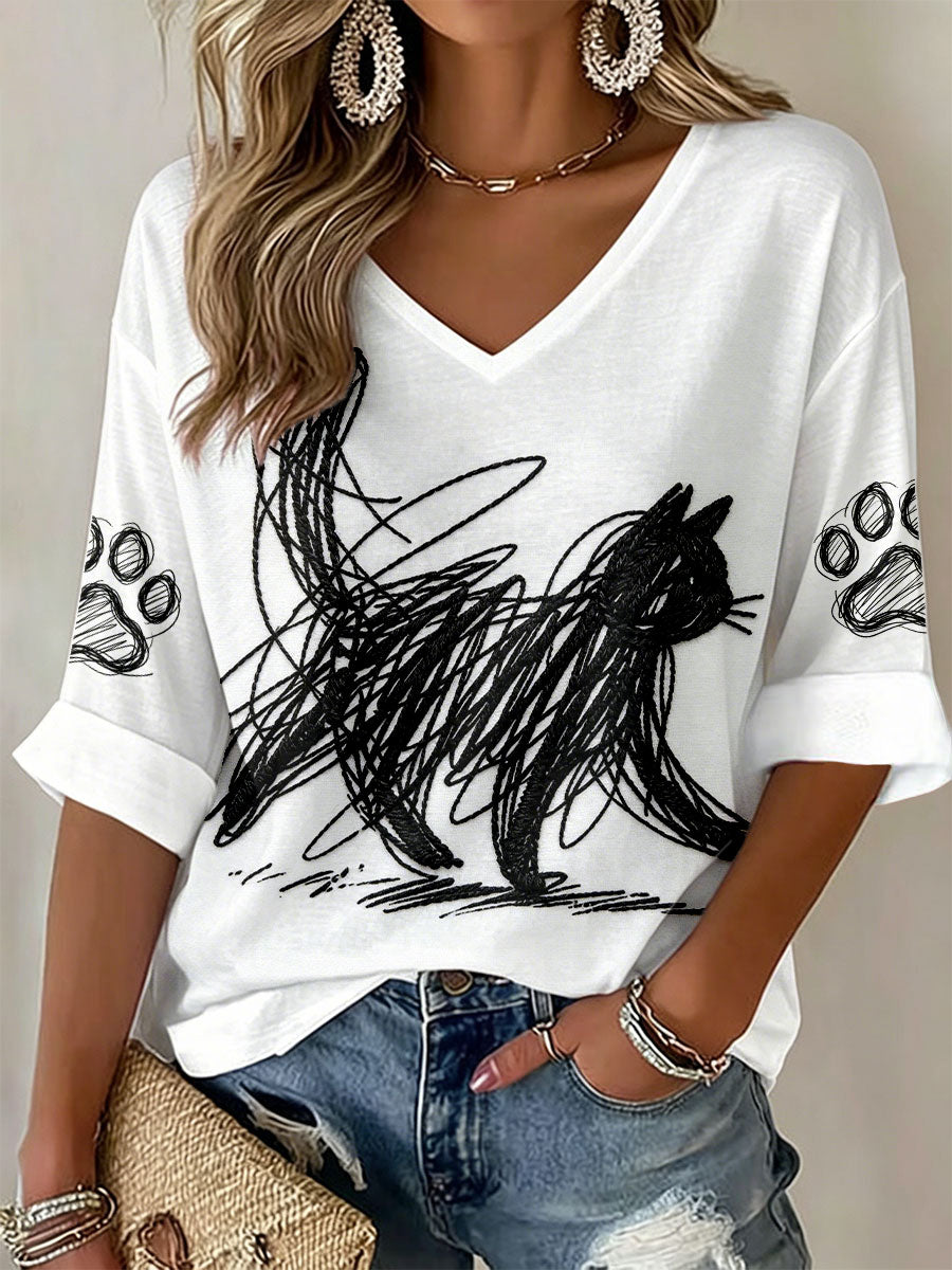 Damen Katzenkunst-Druck T-Shirts mit V-Ausschnitt