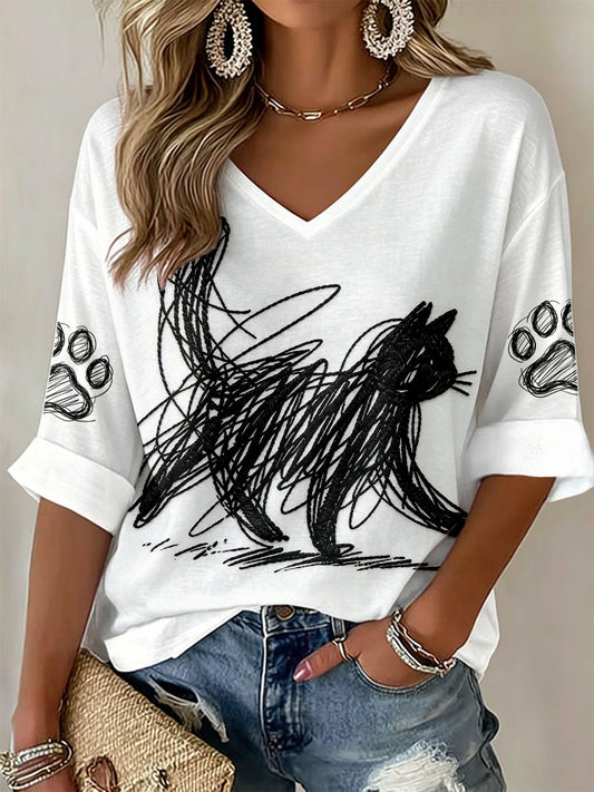 Damen Katzenkunst-Druck T-Shirts mit V-Ausschnitt