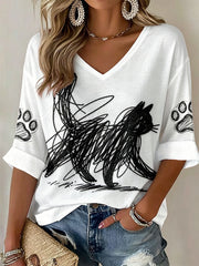 Damen Katzenkunst-Druck T-Shirts mit V-Ausschnitt