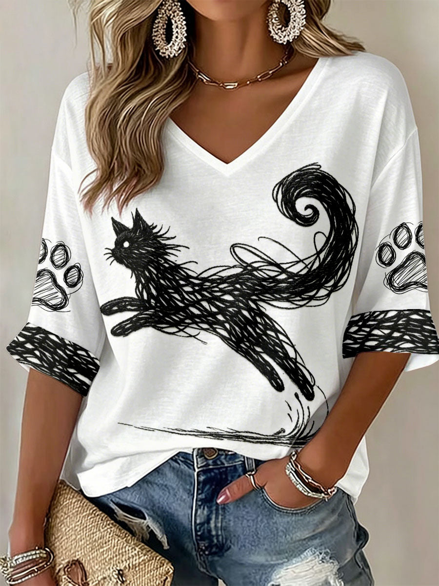 Damen Katzenkunst-Druck T-Shirts mit V-Ausschnitt