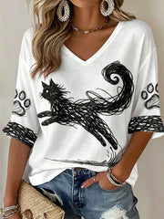 Damen Katzenkunst-Druck T-Shirts mit V-Ausschnitt