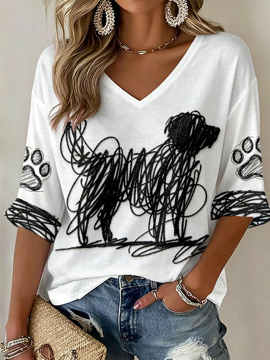 Damen-Hunde-Kunstdruck V-Ausschnitt T-Shirts