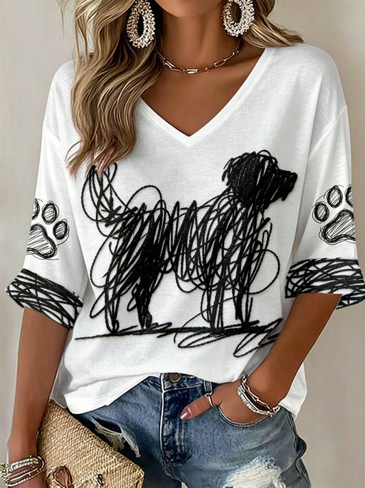 Damen-Hunde-Kunstdruck V-Ausschnitt T-Shirts