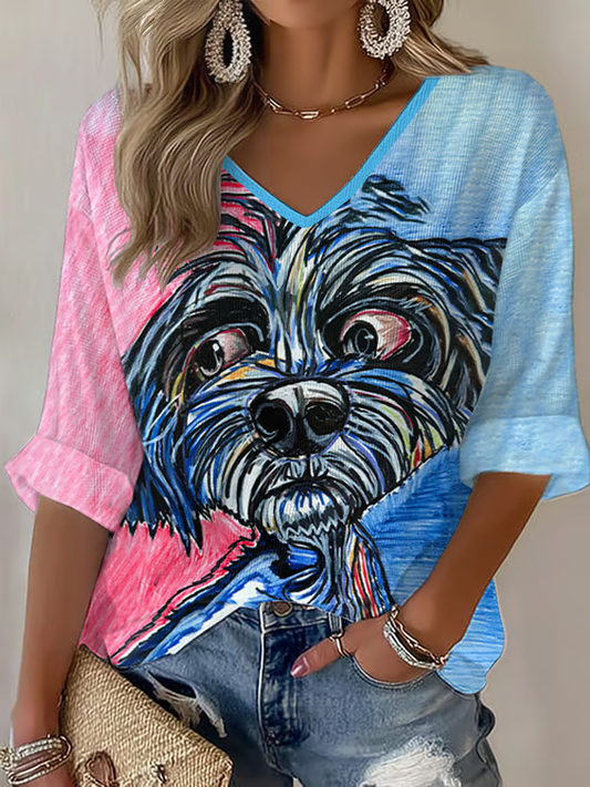 Damen-Hunde-Kunst bedruckte Waffel-T-Shirt