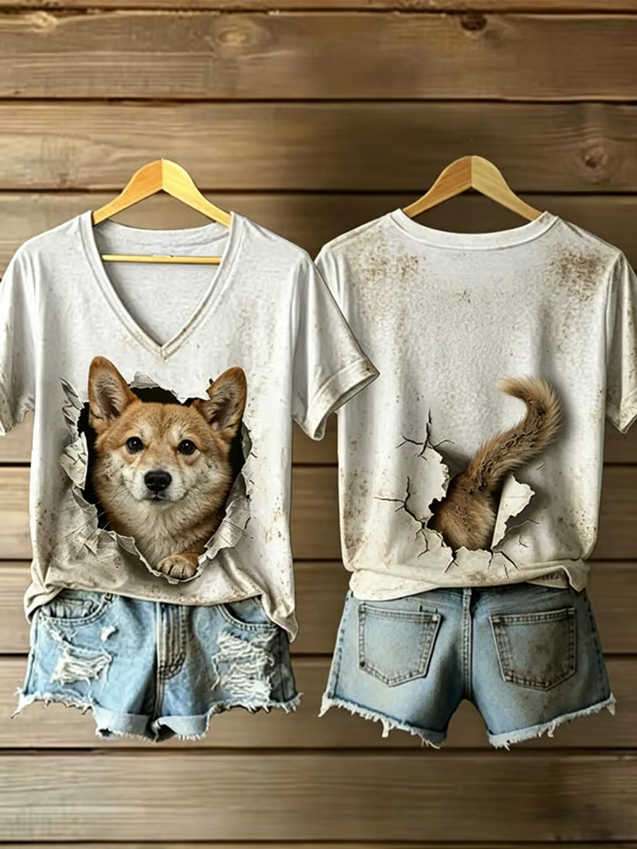Kurzarm-T-Shirt mit Hunde kunst bedruckt