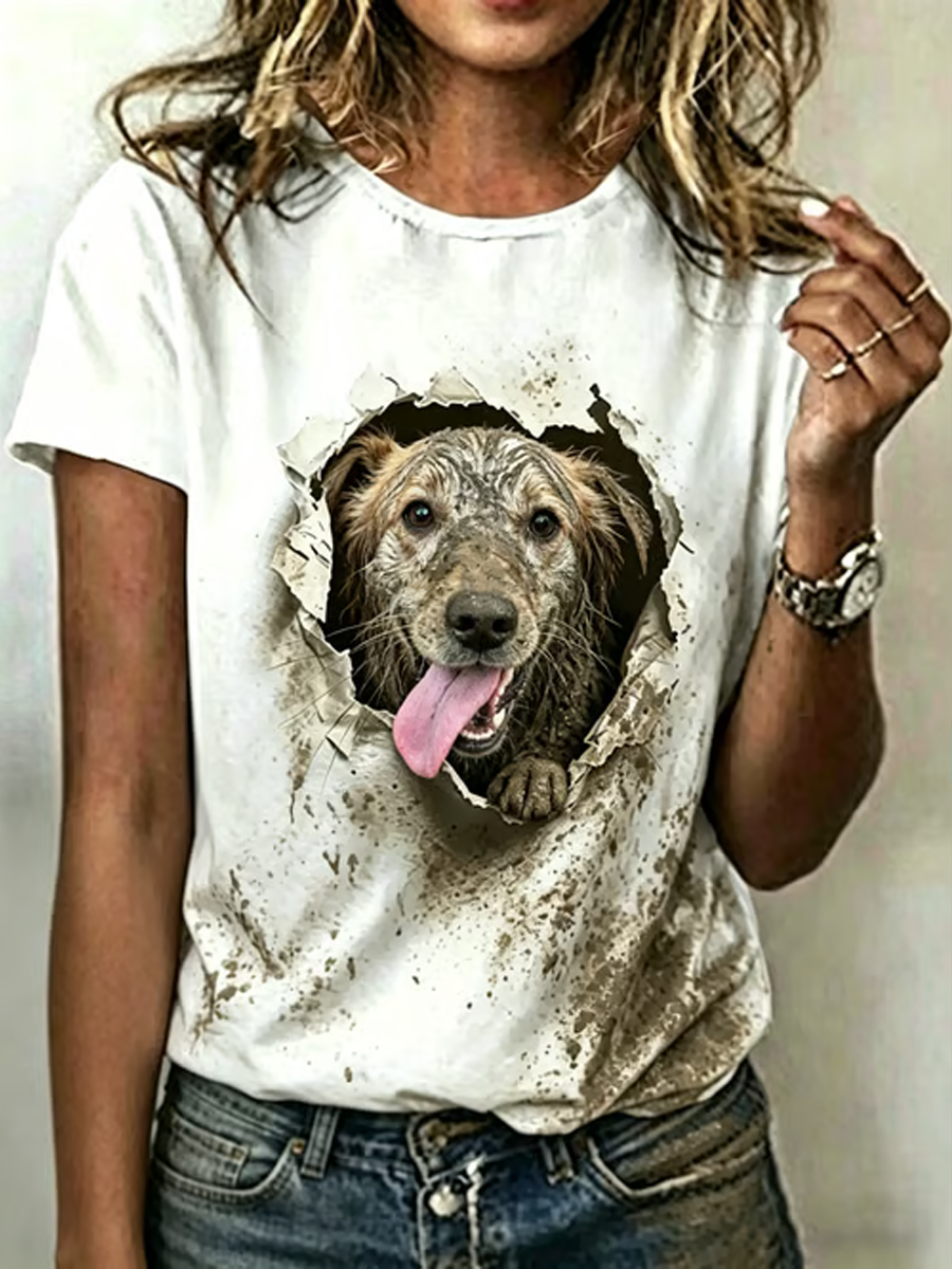 Damen-Hundekunst-Print-T-Shirt mit kurzen Ärmeln