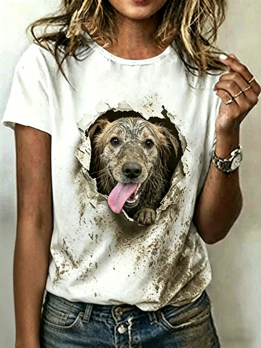Damen-Hundekunst-Print-T-Shirt mit kurzen Ärmeln