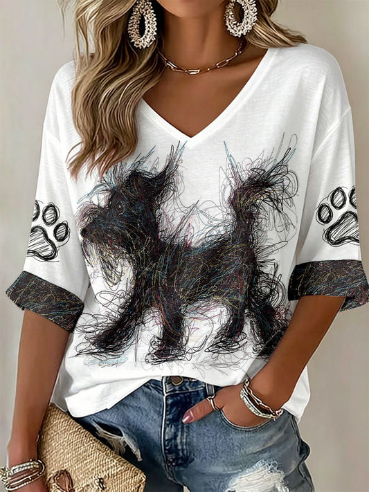 Damen-Hundekunst-Druck V-Ausschnitt T-Shirts