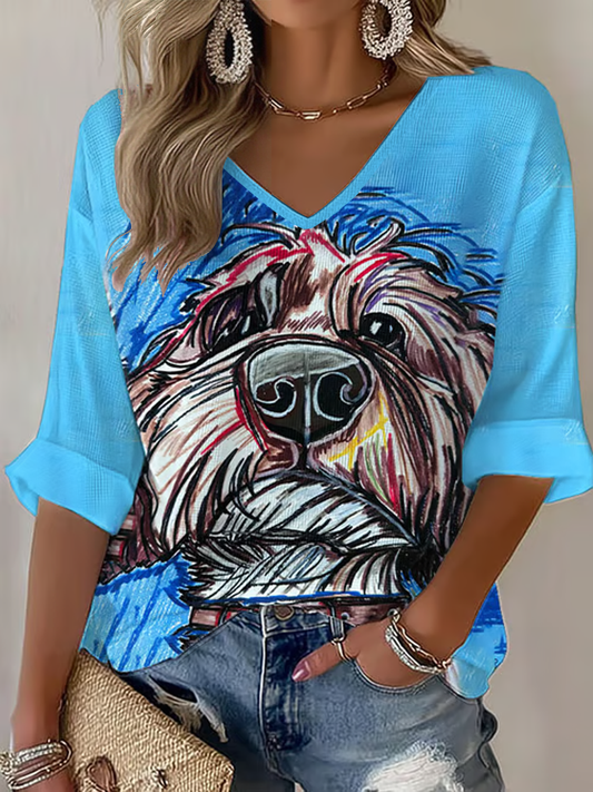 Damen-Hundekunst-Print-Waffel-T-Shirt