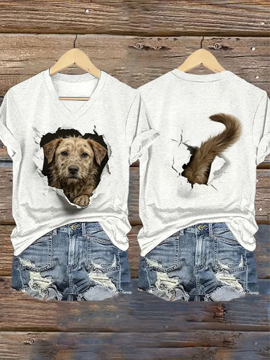 Damen-Hundekunst-Print-T-Shirt mit kurzen Ärmeln