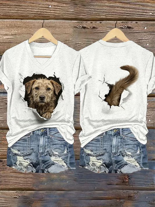 Damen-Hundekunst-Print-T-Shirt mit kurzen Ärmeln