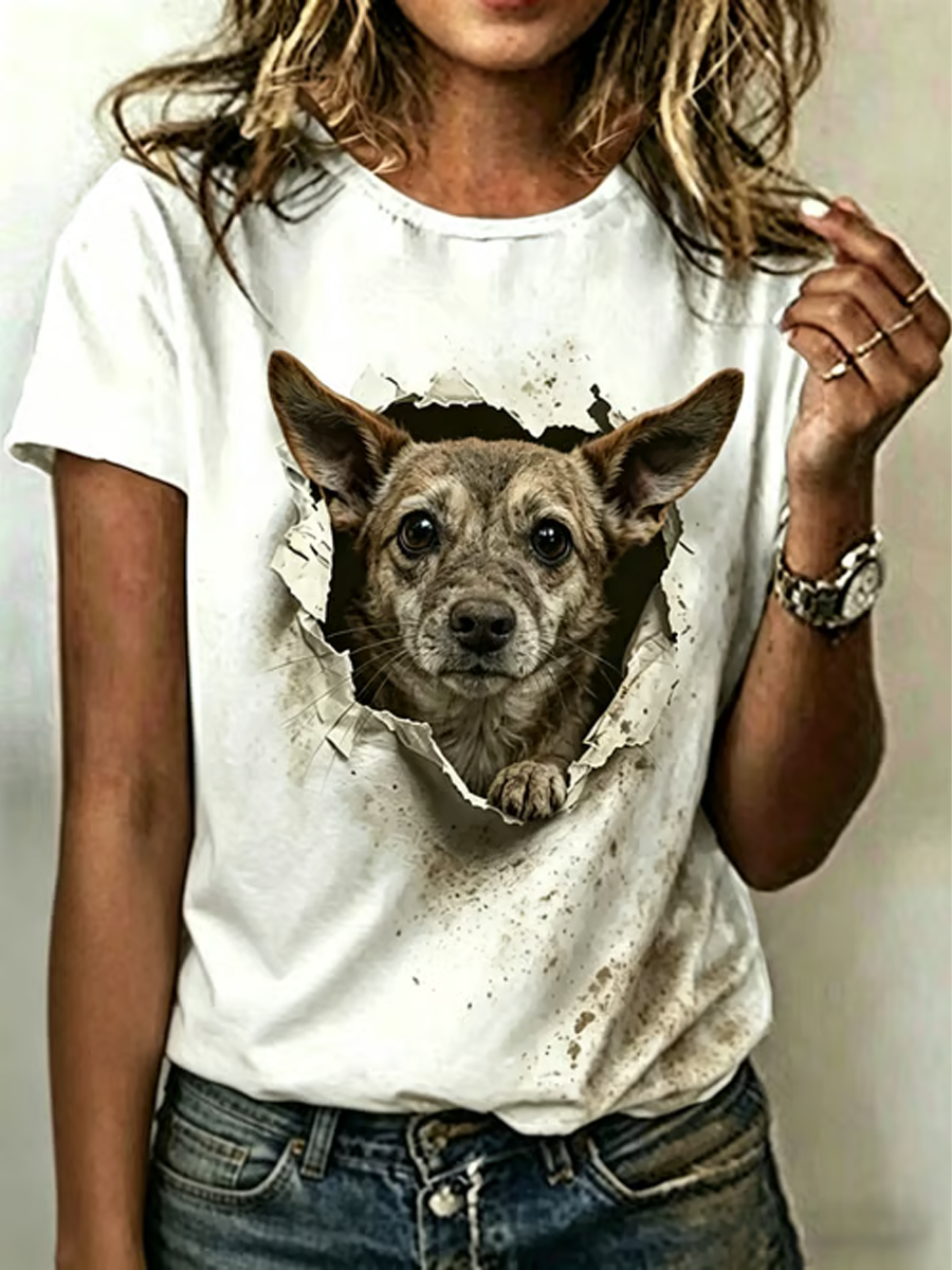 Damen-Hundekunst-Print-T-Shirt mit kurzen Ärmeln