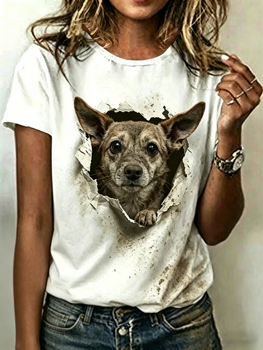 Damen-Hundekunst-Print-T-Shirt mit kurzen Ärmeln
