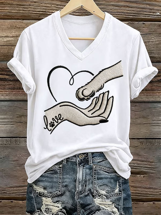 Frauen Liebe Hund Print Eisen auf Kurzarm T-Shirt