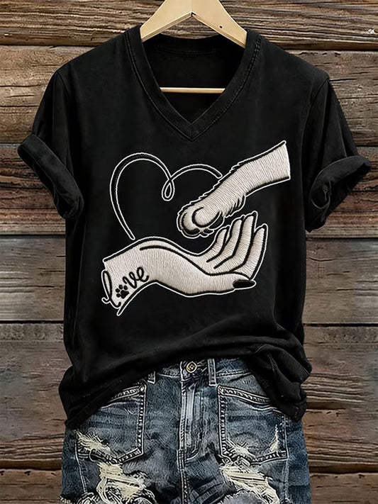 Frauen Liebe Hund Print Eisen auf Kurzarm T-Shirt
