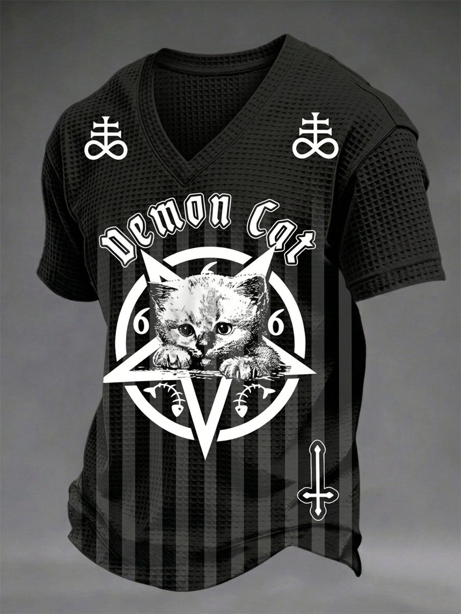 Herren T-Shirt in dunklem Stil mit Totenkopf-Print, V-Ausschnitt und Waffelstruktur