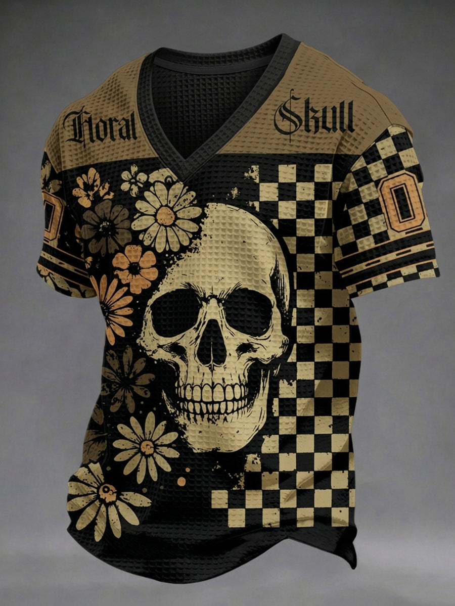Herren T-Shirt in dunklem Stil mit Totenkopf-Print, V-Ausschnitt und Waffelstruktur