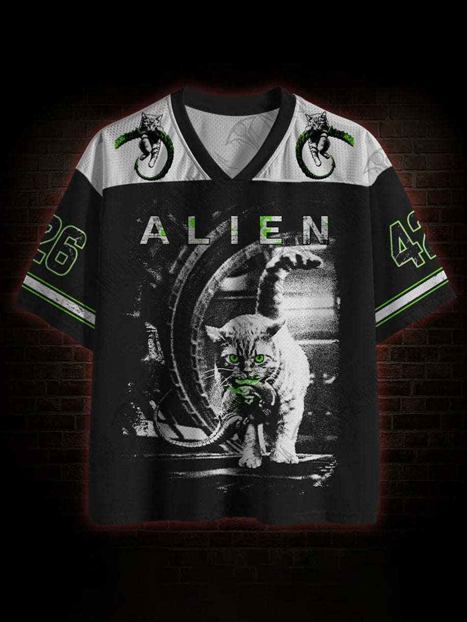 Herren-T-Shirt mit Alien-Katze-Print und V-Ausschnitt