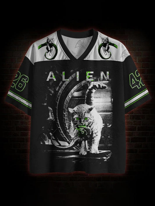 Herren-T-Shirt mit Alien-Katze-Print und V-Ausschnitt