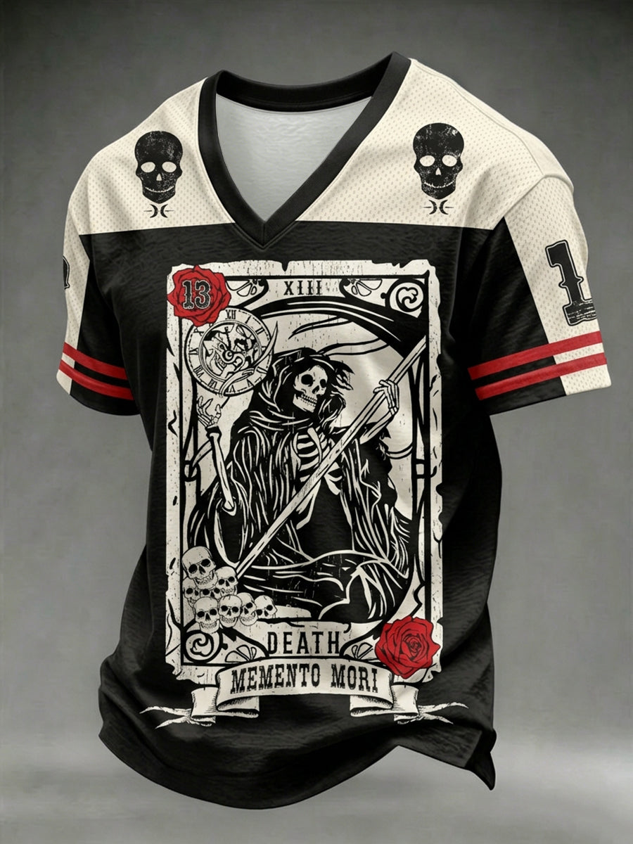 Herren-T-Shirt mit dunklem Stil, Totenkopf-Print und V-Ausschnitt