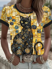 Damen Glitzer Schwarz Katzenkunst Kurzarm-T-Shirt