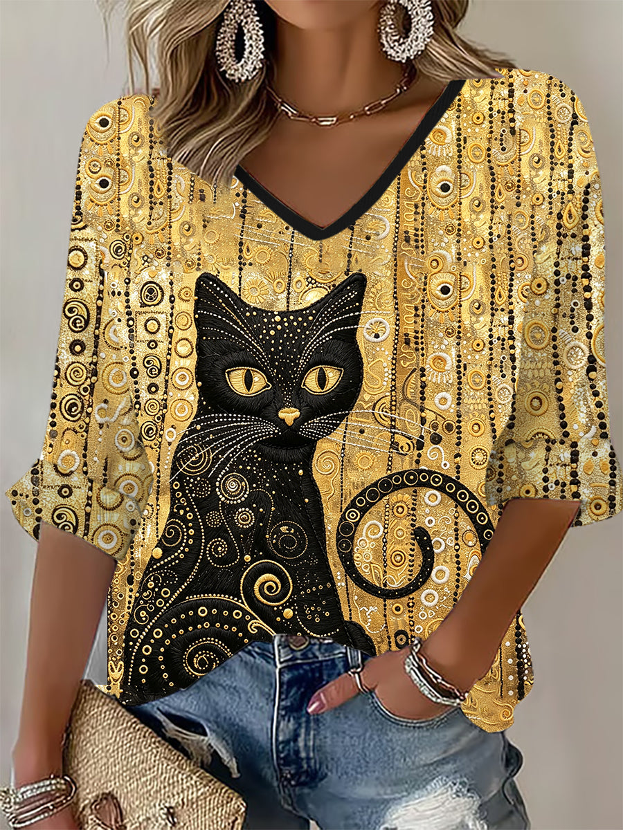 Frauen Glitter schwarze Katze Kunst Waffel T-Shirt