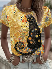 Frauen Glitter Black Cat Art Kurzarm T-Shirt